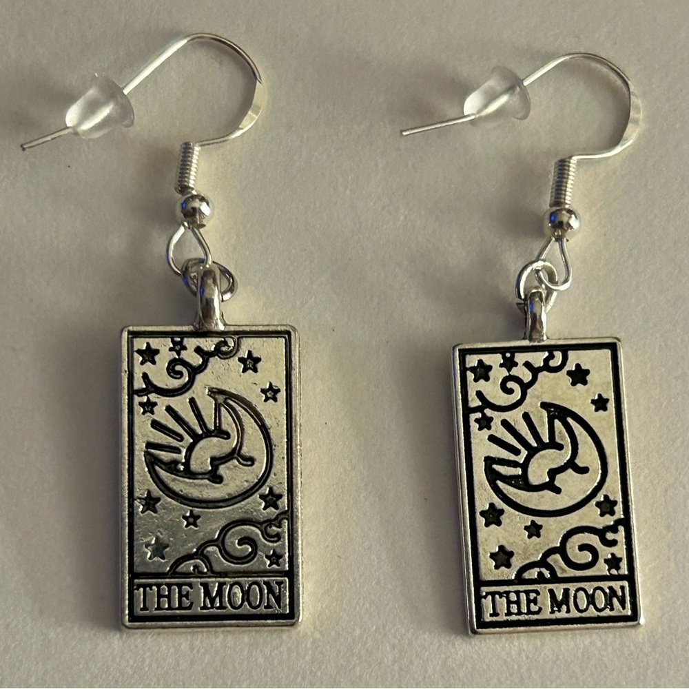 NWOT earrings Tarot Card “The Moon” etched cards, Silvertone metal, pierced hook